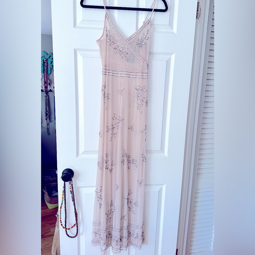 NWT! Forever21 Sheer Pink- Hand Stitched- Maxi Slip-dress. XS